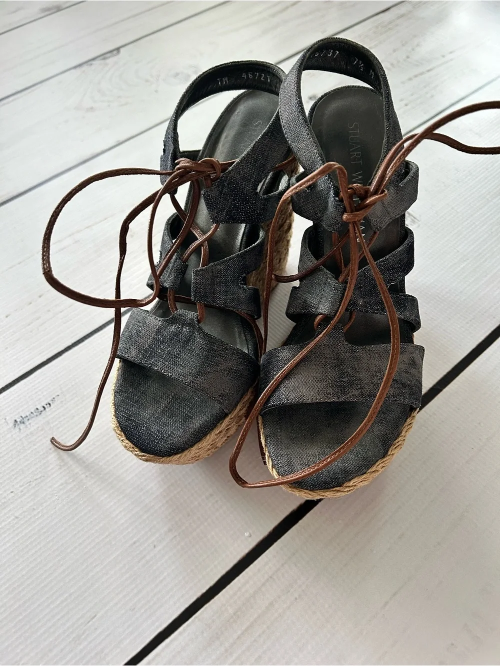 Stuart Weitzman Metallic Charcoal Lace-Up Espadrille Wedge